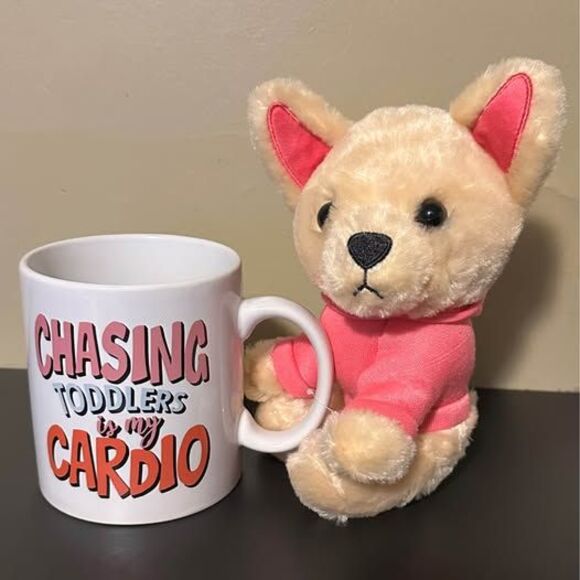 NEW “Chasing Toddlers Is My Cardio” Coffee Mug & Plush Pup Gift Set - Picture 8 of 9